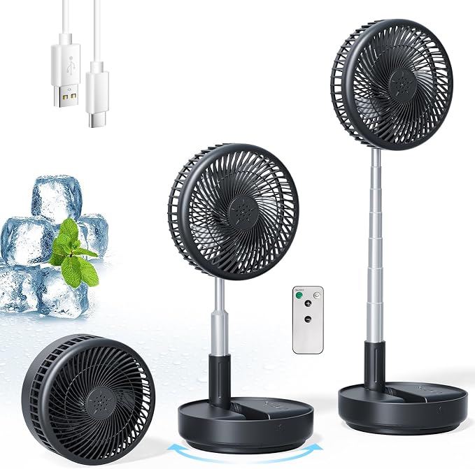 Portable Oscillating Rechargeable Fan, Battery Operated with 4 Speed Settings & Remote Control, Desk Travel Pedestal Fan for