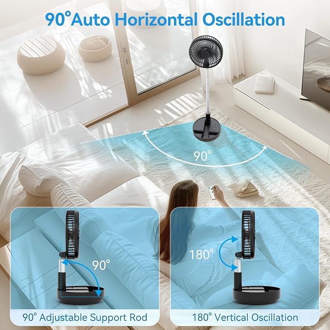 Portable Oscillating Rechargeable Fan, Battery Operated with 4 Speed Settings & Remote Control, Desk Travel Pedestal Fan for