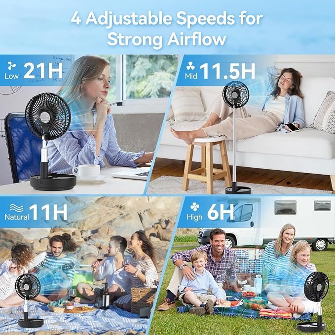 Portable Oscillating Rechargeable Fan, Battery Operated with 4 Speed Settings & Remote Control, Desk Travel Pedestal Fan for