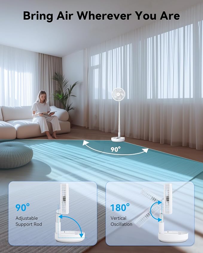 Portable Oscillating Travel Fan, 10400mAh Battery Operated Rechargeable USB Floor Table Desk Fan with Remote, 4 Speed