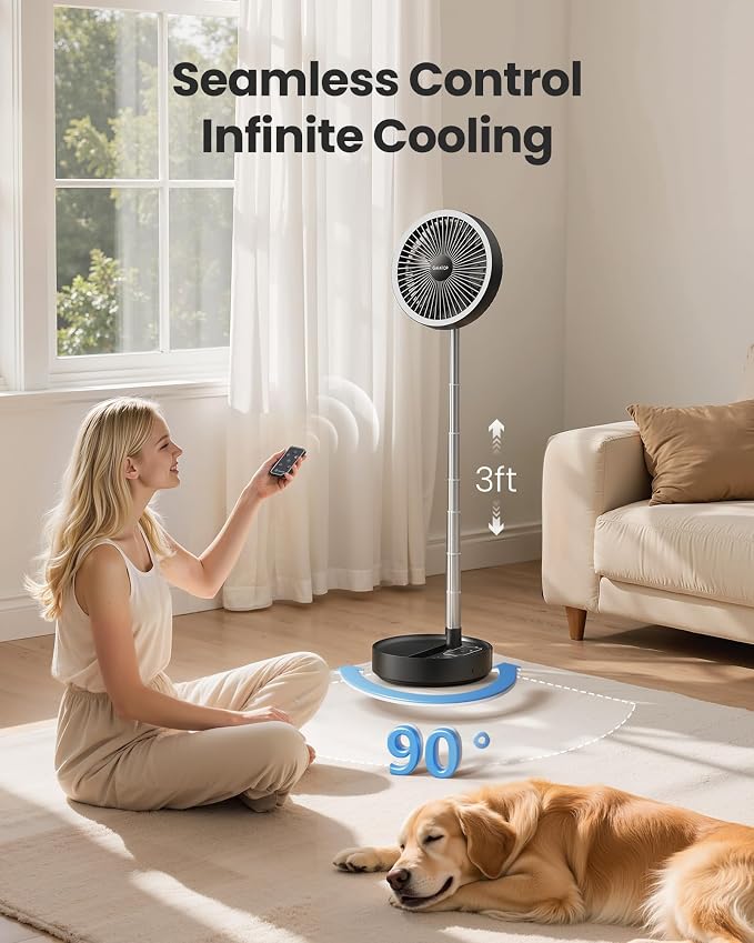 Portable Pedestal Fan 16000mAh Battery [Max 74h Runtime], Foldable Oscillating Standing Fan, Collapsible Desk Fans, LED