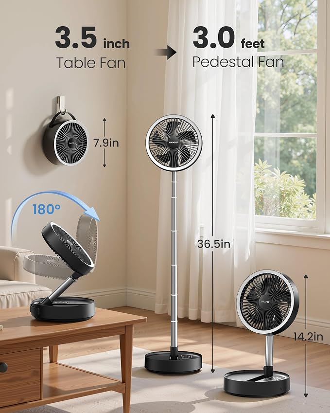 Portable Pedestal Fan 16000mAh Battery [Max 74h Runtime], Foldable Oscillating Standing Fan, Collapsible Desk Fans, LED