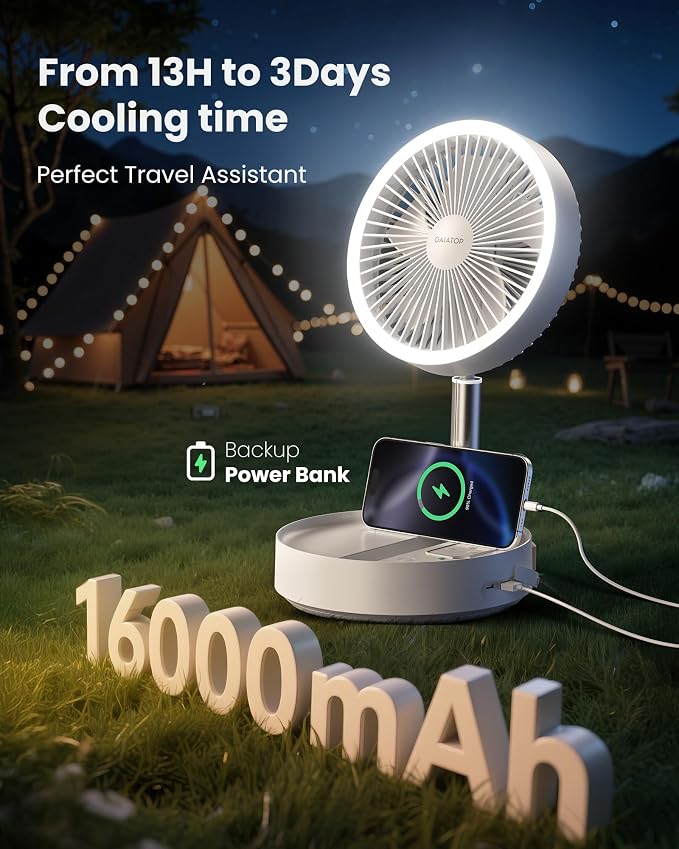 Portable Pedestal Fan 16000mAh Battery [Max 74h Runtime], Foldable Oscillating Standing Fan, Collapsible Desk Fans, LED