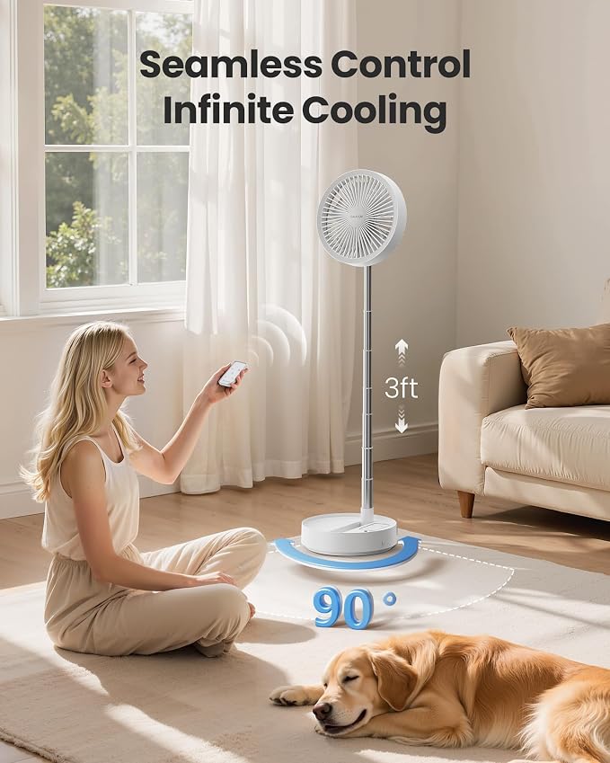 Portable Pedestal Fan 16000mAh Battery [Max 74h Runtime], Foldable Oscillating Standing Fan, Collapsible Desk Fans, LED