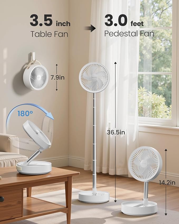 Portable Pedestal Fan 16000mAh Battery [Max 74h Runtime], Foldable Oscillating Standing Fan, Collapsible Desk Fans, LED