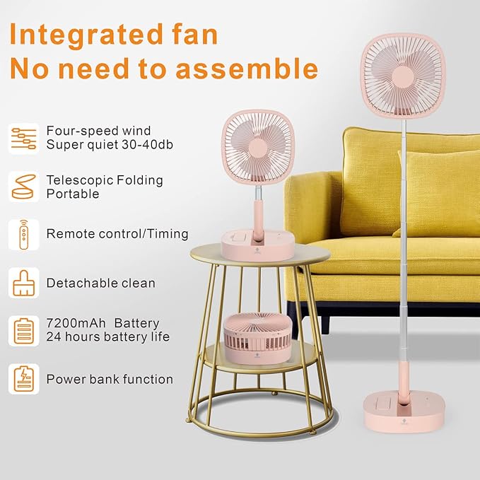 Portable Pedestal Fan - Foldaway Standing Fan Foldable Desk Fan, Use 7200Mah Rechargeable Battery, Remote Control Telescopic
