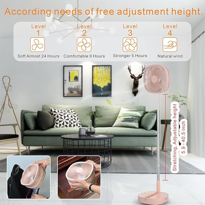 Portable Pedestal Fan - Foldaway Standing Fan Foldable Desk Fan, Use 7200Mah Rechargeable Battery, Remote Control Telescopic