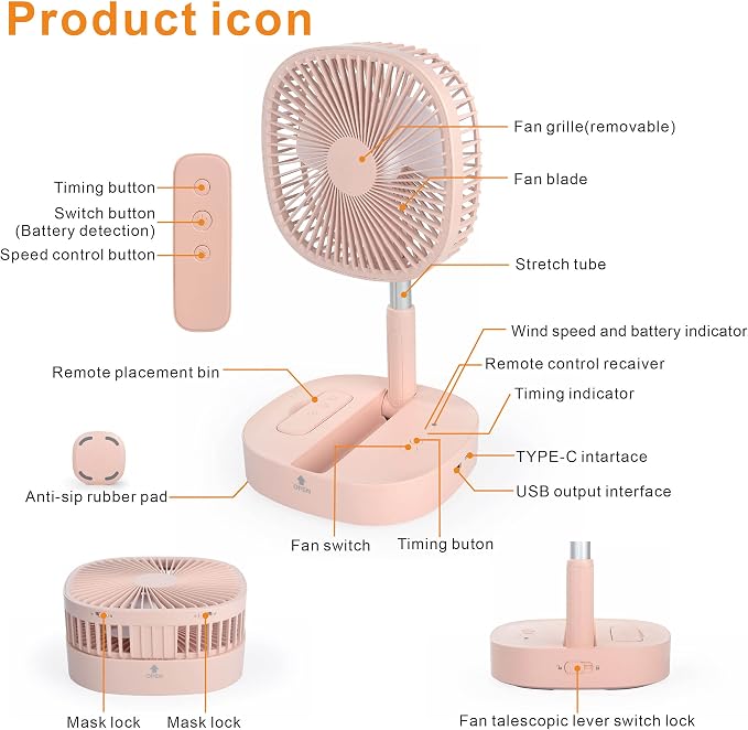 Portable Pedestal Fan - Foldaway Standing Fan Foldable Desk Fan, Use 7200Mah Rechargeable Battery, Remote Control Telescopic