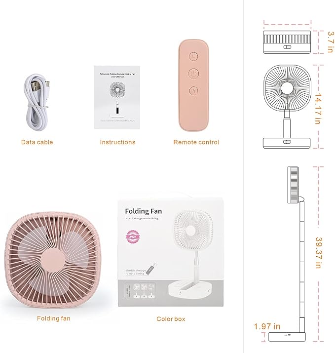 Portable Pedestal Fan - Foldaway Standing Fan Foldable Desk Fan, Use 7200Mah Rechargeable Battery, Remote Control Telescopic
