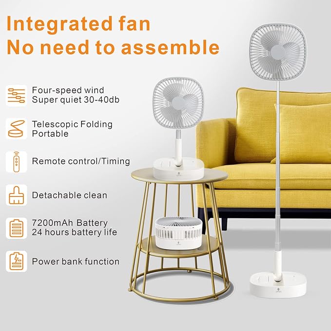 Portable Pedestal Fan - Foldaway Standing Fan Foldable Desk Fan, Use 7200Mah Rechargeable Battery, Remote Control Telescopic