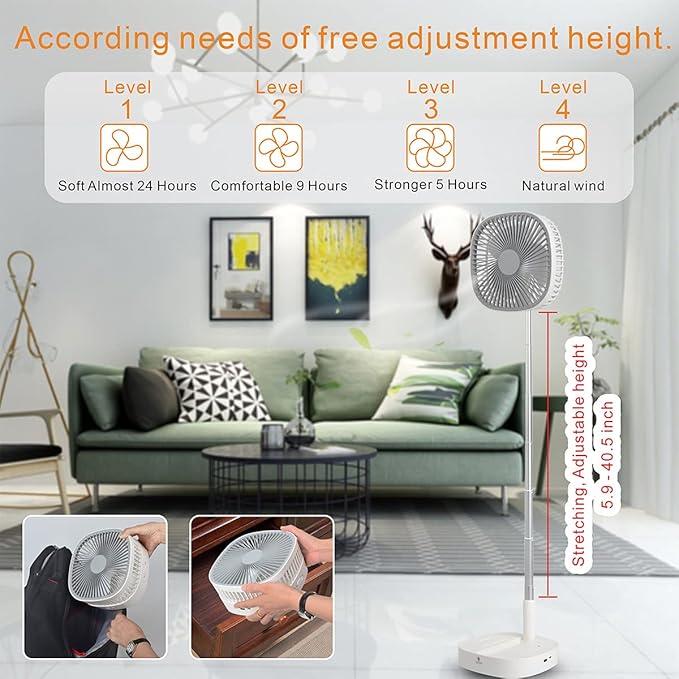 Portable Pedestal Fan - Foldaway Standing Fan Foldable Desk Fan, Use 7200Mah Rechargeable Battery, Remote Control Telescopic