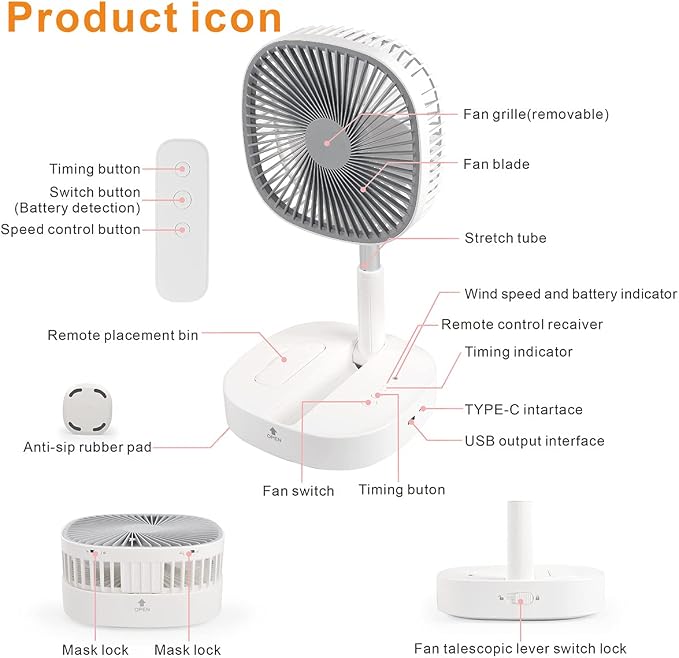 Portable Pedestal Fan - Foldaway Standing Fan Foldable Desk Fan, Use 7200Mah Rechargeable Battery, Remote Control Telescopic