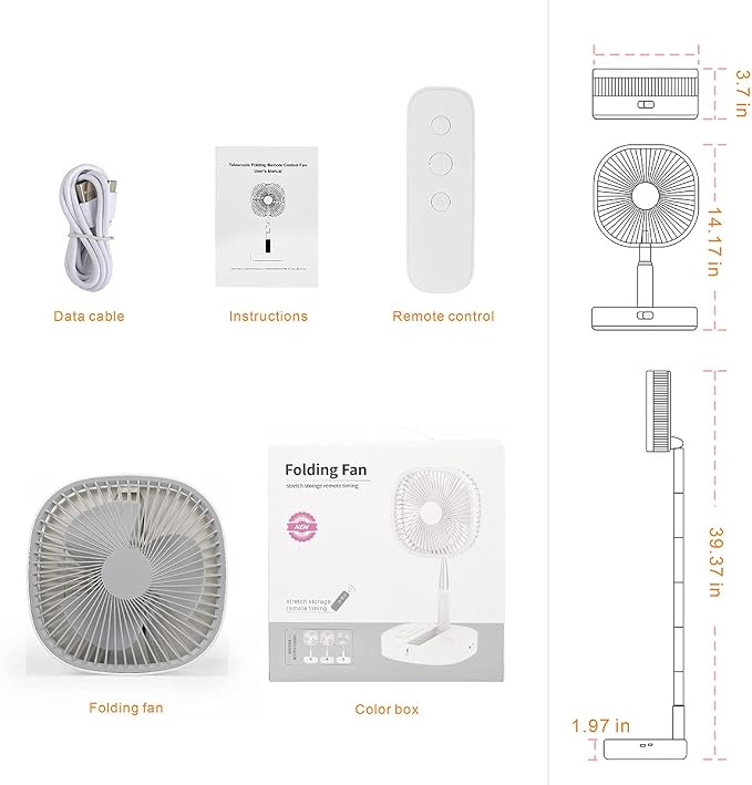 Portable Pedestal Fan - Foldaway Standing Fan Foldable Desk Fan, Use 7200Mah Rechargeable Battery, Remote Control Telescopic