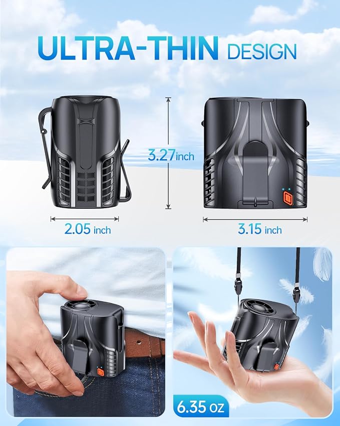 Portable Personal Waist Fan& Neck Fan, 14000RPM Brushless Motor, 40H Runtime Rechargeable, 6-Speed Quiet Operation, Clip-On