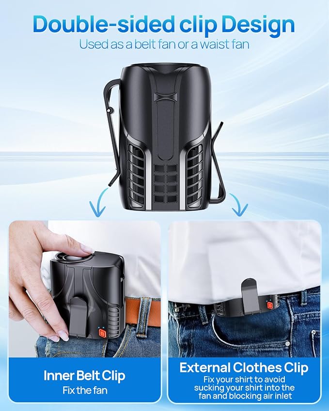 Portable Personal Waist Fan& Neck Fan, 14000RPM Brushless Motor, 40H Runtime Rechargeable, 6-Speed Quiet Operation, Clip-On