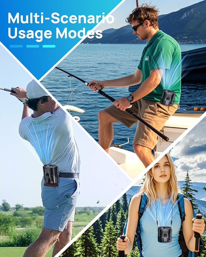 Portable Personal Waist Fan& Neck Fan, 14000RPM Brushless Motor, 40H Runtime Rechargeable, 6-Speed Quiet Operation, Clip-On