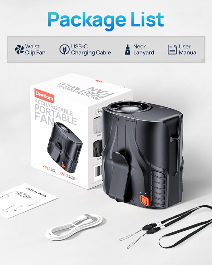 Portable Personal Waist Fan& Neck Fan, 14000RPM Brushless Motor, 40H Runtime Rechargeable, 6-Speed Quiet Operation, Clip-On