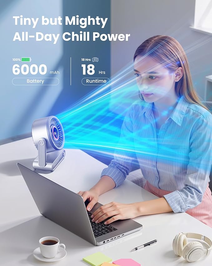 Portable Quiet Desk Fan, 6000mAh Rechargeable Battery Fan with RGB Ring, 18Hrs Runtime, 5-Speed Strong Wind, Bedroom Office