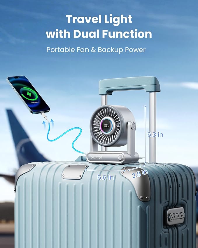 Portable Quiet Desk Fan, 6000mAh Rechargeable Battery Fan with RGB Ring, 18Hrs Runtime, 5-Speed Strong Wind, Bedroom Office