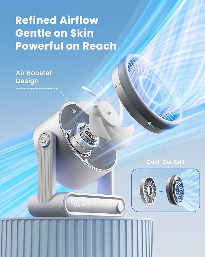 Portable Quiet Desk Fan, 6000mAh Rechargeable Battery Fan with RGB Ring, 18Hrs Runtime, 5-Speed Strong Wind, Bedroom Office