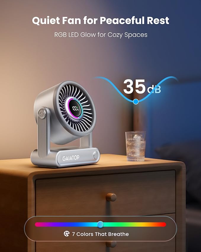 Portable Quiet Desk Fan, 6000mAh Rechargeable Battery Fan with RGB Ring, 18Hrs Runtime, 5-Speed Strong Wind, Bedroom Office