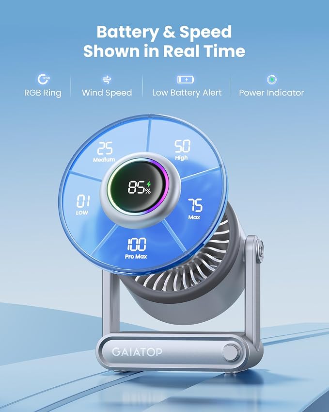 Portable Quiet Desk Fan, 6000mAh Rechargeable Battery Fan with RGB Ring, 18Hrs Runtime, 5-Speed Strong Wind, Bedroom Office