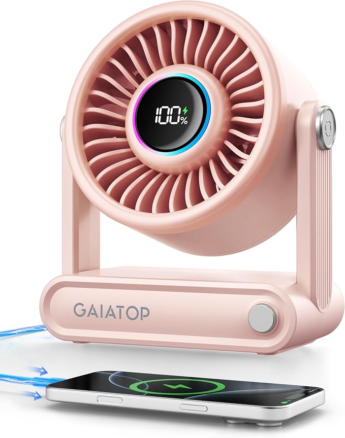 Portable Quiet Desk Fan, 6000mAh Rechargeable Battery Fan with RGB Ring, 18Hrs Runtime, 5-Speed Strong Wind, Bedroom Office
