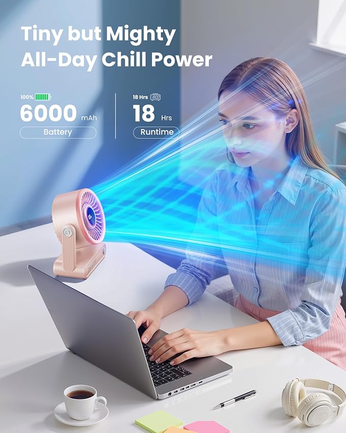Portable Quiet Desk Fan, 6000mAh Rechargeable Battery Fan with RGB Ring, 18Hrs Runtime, 5-Speed Strong Wind, Bedroom Office