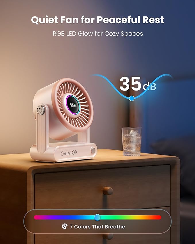 Portable Quiet Desk Fan, 6000mAh Rechargeable Battery Fan with RGB Ring, 18Hrs Runtime, 5-Speed Strong Wind, Bedroom Office