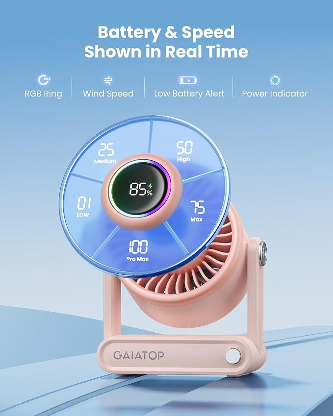 Portable Quiet Desk Fan, 6000mAh Rechargeable Battery Fan with RGB Ring, 18Hrs Runtime, 5-Speed Strong Wind, Bedroom Office