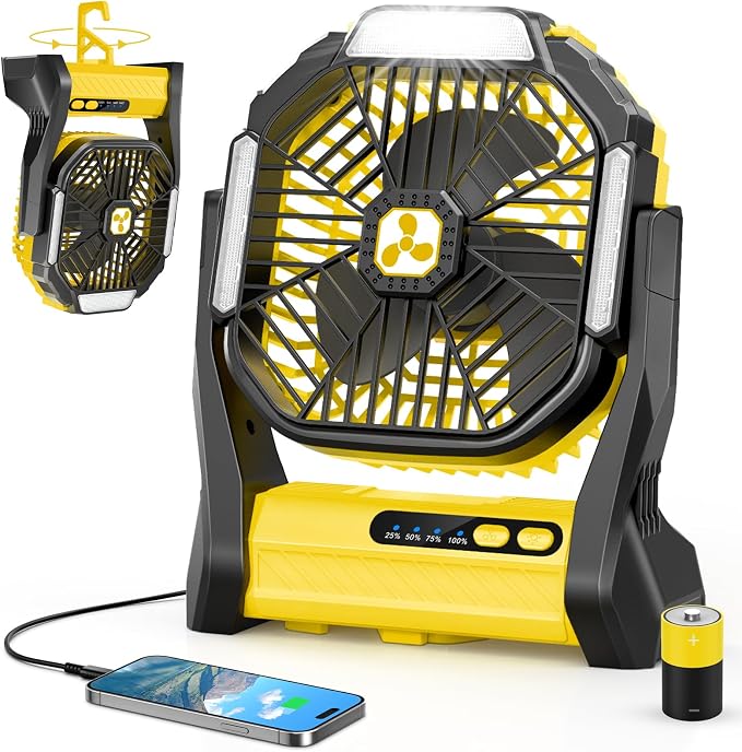 Portable Rechargeable Fan, 20000mAh Cordless Battery Powered Camping Tent Fans with SOS & LED Lantern, Small USB C Operated