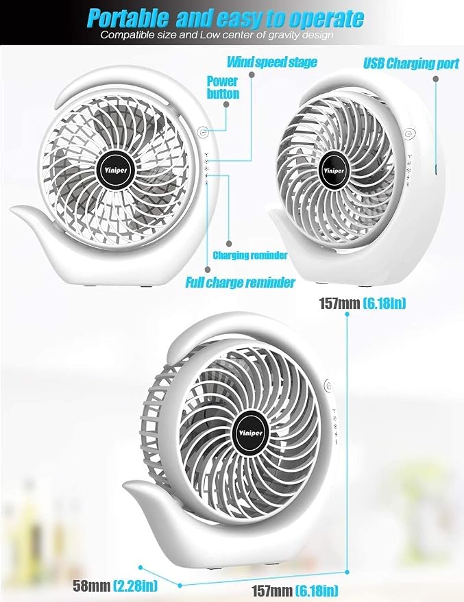 Portable Rechargeable Fan, Small Desk Fan: 3 Speeds & 8-24 Hours Longer Working, 180 Rotation, Portable USB Battery Fan for