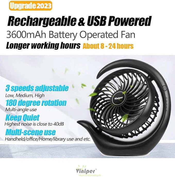 Portable Rechargeable Fan, Small Desk Fan: 3 Speeds & about 8-24 Hours Longer Working, 180 Rotation, Portable Battery Desktop