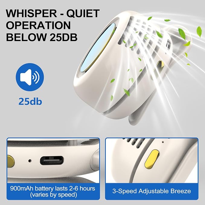 Portable Silent Clip On Bladeless Fan, Rechargeable Wearable Fan - Hands-Free Waist & Neck Cooling, 3 Speeds, 6H Runtime