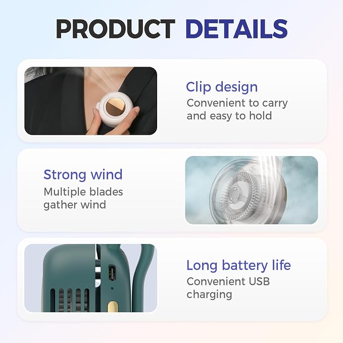 Portable Silent Mini Bladeless Electric Fan, 360° Rotatable Small Fan Clip on for Shirt & Waist, Adjustable 3-Speed Suspended