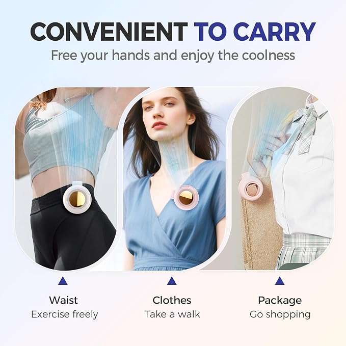 Portable Silent Mini Bladeless Electric Fan, 360° Rotatable Small Fan Clip on for Shirt & Waist, Adjustable 3-Speed Suspended