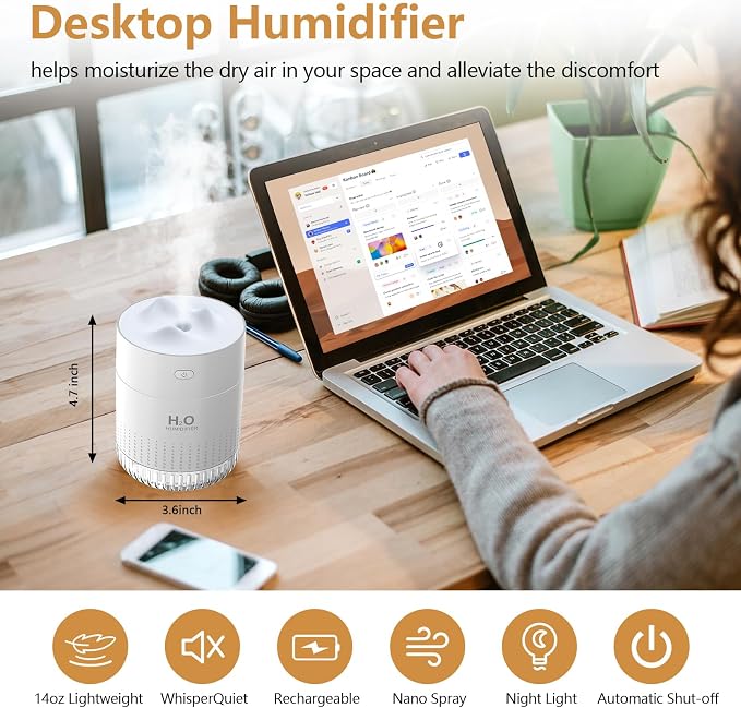 Portable Small Humidifier For Bedroom With Night Light Cool Mist Indoor Mini Small Air Humidifiers For Plants Travel Room Car