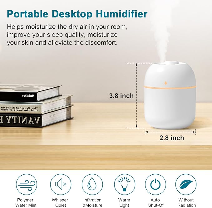 Portable Small Humidifier, USB Personal Desktop Humidifier for Car, Office Room, Bedroom, Auto Shut-Off, 2 Mist Modes, Super