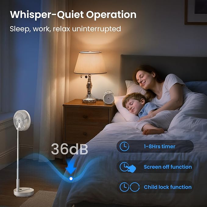 Portable Standing Fan, 8000mAh Rechargeable Oscillating Fan with Remote, 8.1'' Quiet Pedestal Floor Fan with LED Display &