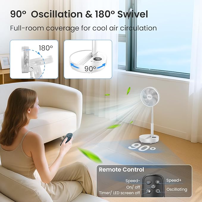 Portable Standing Fan, 8000mAh Rechargeable Oscillating Fan with Remote, 8.1'' Quiet Pedestal Floor Fan with LED Display &