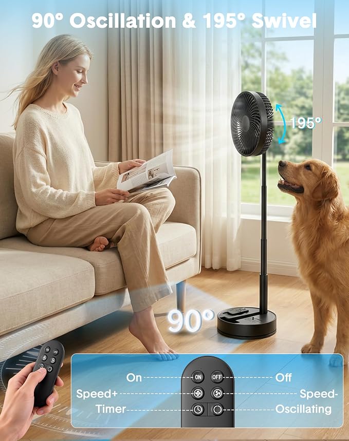 Portable Standing Oscillating Rechargeable Fan - 8" 8000mah Battery Operated USB Fans for Bedroom Quiet Remote Folding