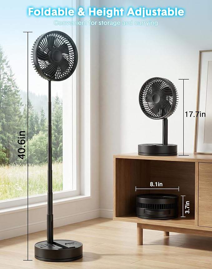 Portable Standing Oscillating Rechargeable Fan - 8" 8000mah Battery Operated USB Fans for Bedroom Quiet Remote Folding