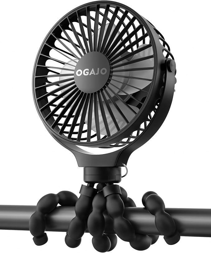 Portable Stroller Fan Rechargeable USB Personal Clip On Fans, 360° Rotate 3 Speeds Detachable Flexible Tripod Small Mini