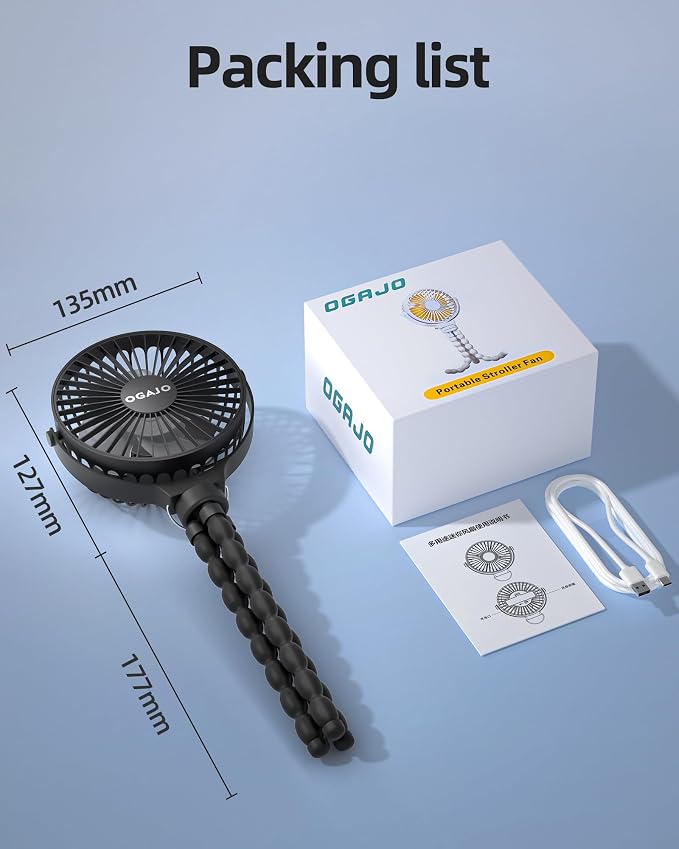 Portable Stroller Fan Rechargeable USB Personal Clip On Fans, 360° Rotate 3 Speeds Detachable Flexible Tripod Small Mini