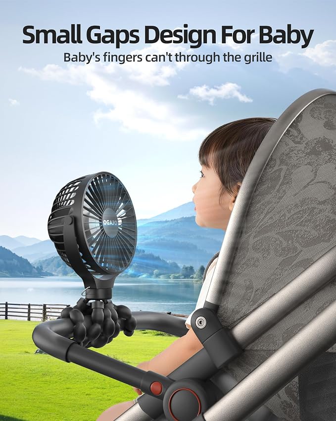 Portable Stroller Fan Rechargeable USB Personal Clip On Fans, 360° Rotate 3 Speeds Detachable Flexible Tripod Small Mini