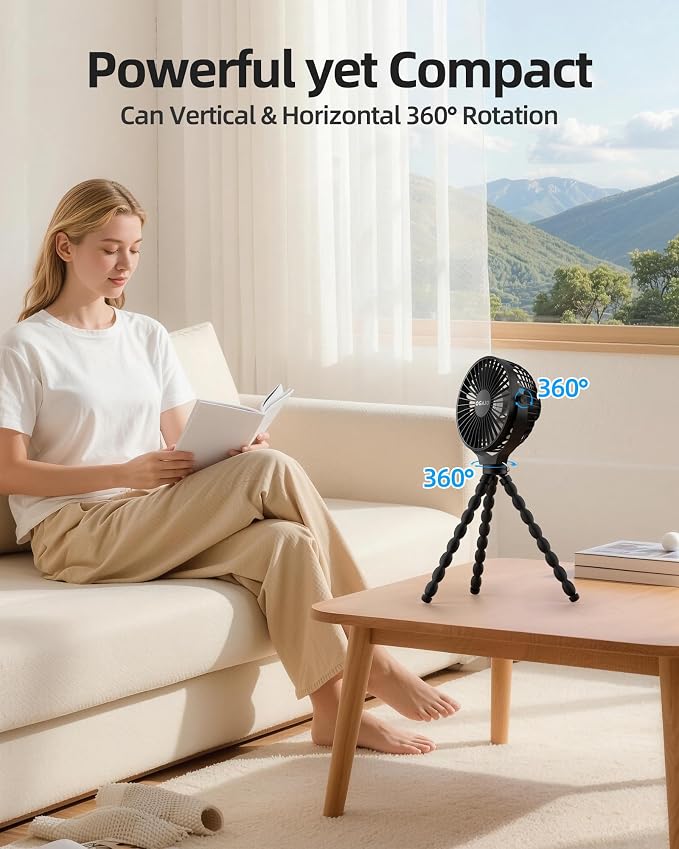 Portable Stroller Fan Rechargeable USB Personal Clip On Fans, 360° Rotate 3 Speeds Detachable Flexible Tripod Small Mini