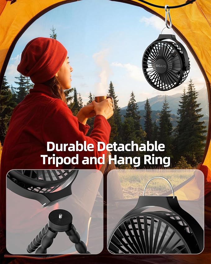 Portable Stroller Fan Rechargeable USB Personal Clip On Fans, 360° Rotate 3 Speeds Detachable Flexible Tripod Small Mini