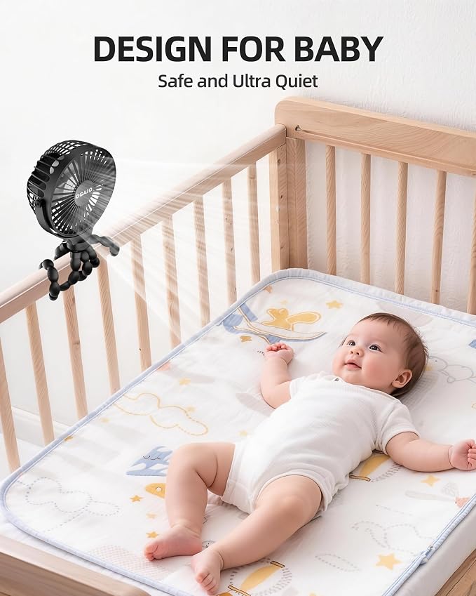 Portable Stroller Fan Rechargeable USB Personal Clip On Fans, 360° Rotate 3 Speeds Detachable Flexible Tripod Small Mini