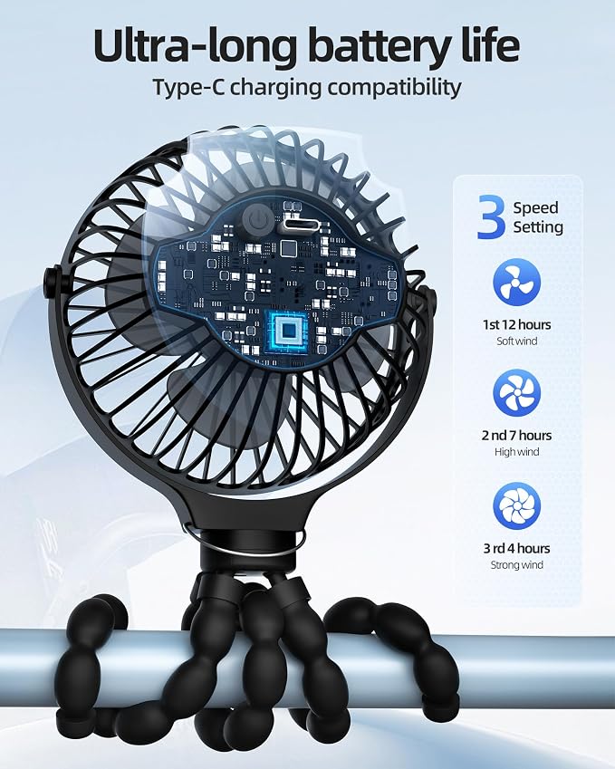 Portable Stroller Fan Rechargeable USB Personal Clip On Fans, 360° Rotate 3 Speeds Detachable Flexible Tripod Small Mini