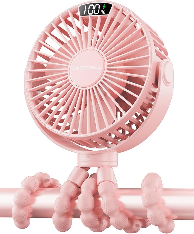 Portable Stroller Fan with LED Display, 4 Speed Rechargeable Mini Clip On Fan, 360° Rotate Flexible Tripod Better Cooling